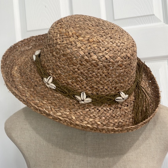 Sun N sand naturally hat wide brim summer Straw seashells tan one size fits most - Picture 10 of 10